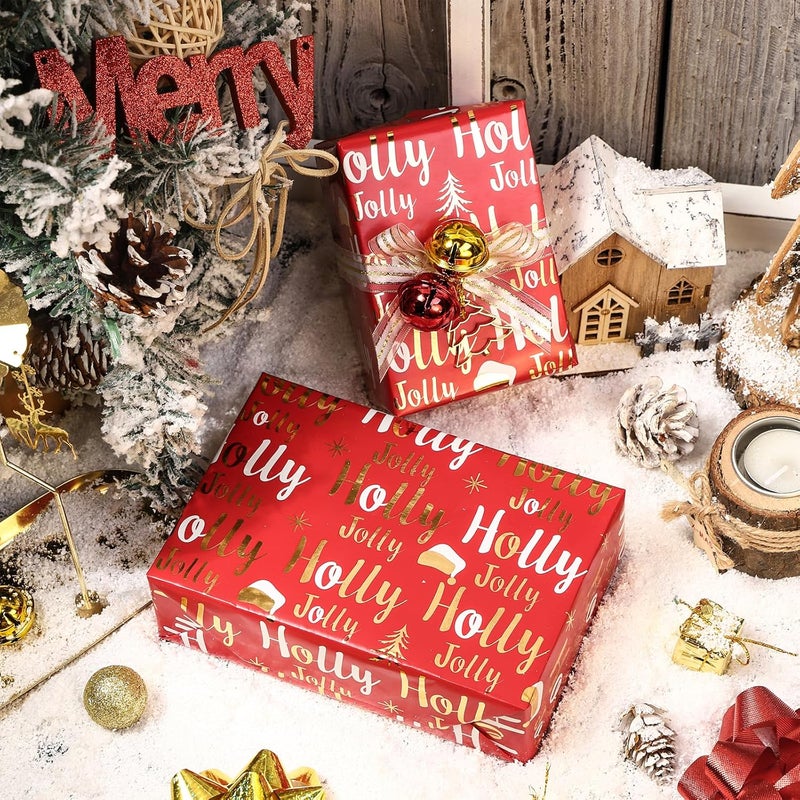 LeZakaa Red Gold Christmas Wrapping Paper Mini Roll, Christmas Tree Buffalo Plaid, Holly Jolly, Wreath Metallic Foil Holiday Gift Wrap, Arts Craft, for Xmas Winter Party, 17 x 120 inches, 3 Rolls - Image 2
